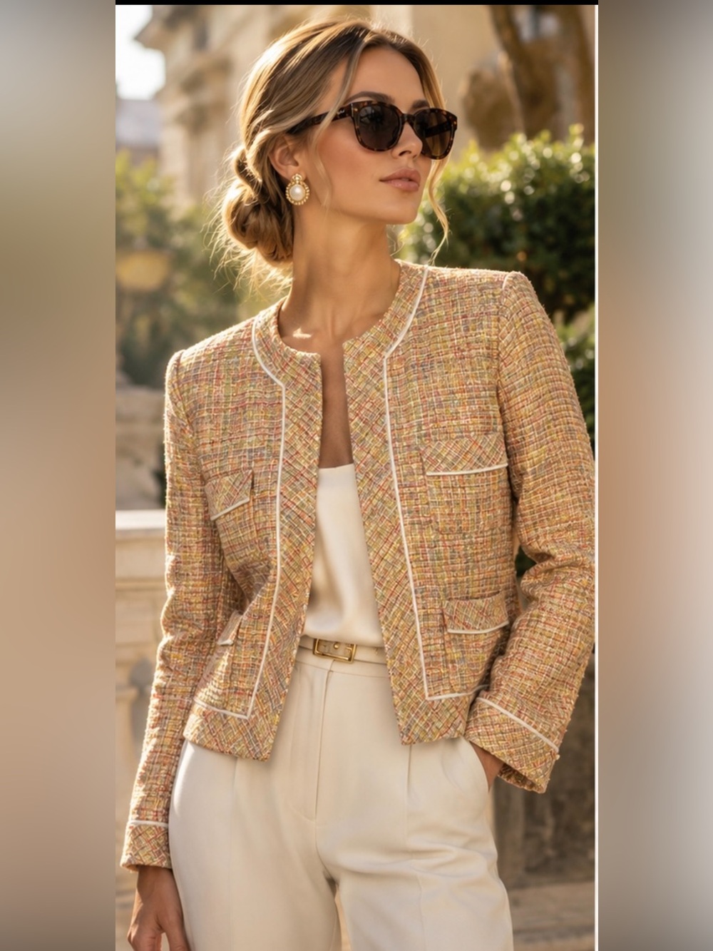 Anne Carson Silk Blend Peach Multi-Tone Tweed Blazer White Trim Jacket Size M